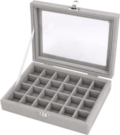 KZQ Fluwelen sieradendoos - Opbergdoos met deksel - Sieradenorganizer - Opbergdoos - Bureau-organizer - Geschikt voor ringen, oorbellen, kettingen en andere sieraden - Met deksel - Geschikt voor vrouwen en meisjes (24 vakjes, grijs)