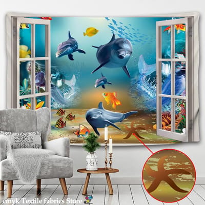 Wandtapijt met een school vissen, cartoonachtige onderwaterwereld, bohemian hippie muurschildering voor thuis. 95x70CM blue