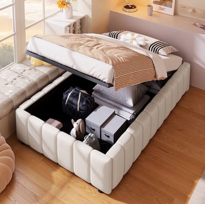 MEUNIQ gestoffeerd bed 90x200 cm met hydraulische opbergruimte, zonder hoofdbord, zonder matras, eenpersoons bedframe voor slaapkamer in beige