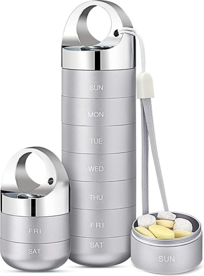 Metaal Reizen Pillen Pillendoosje - Draagbare Waterdichte Wekelijkse Pillendoos - Grote Aluminium Legering Pillenhouder - voor Vitaminen/Visolie/Supplementen - Grijs