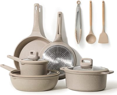 11-delige Pannenset,Bestaande uit een pan van 24/28cm Braadpannen,28cm Wokpan en 16/24cm Sauspannen met deksel,Siliconen Bestek, Steaktang,niet giftig,Compatibel met Alle Fornuizen