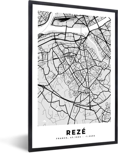 Fotolijst incl. Poster - Kaart - Stadskaart - Rezé - Plattegrond - Frankrijk - 40x60 cm - Posterlijst