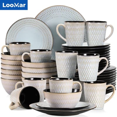 LooMar Luxe Serviesset – 48 delig – 12 persoons – Porselein - Bordenset – Dinner platen – Dessertborden - Kommen - Mokken - Set - Grijs - Pluvo
