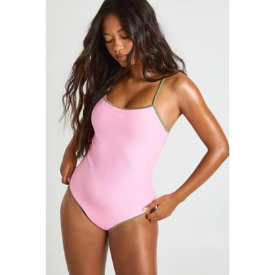 boohoo Dames Geribbeld Badpak met Contrastdetails en Ronde Halslijn | Roze | Maat: 40
