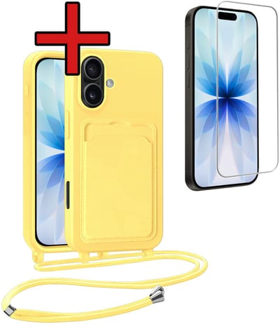 Hoesje Geschikt voor iPhone 17 Hoesje Met Telefoonkoord en Pasjeshouder Met Screenprotector Siliconen - Hoes Geschikt voor iPhone 17 Hoesje Met Kaarthouder Case - Geel