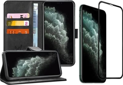Hoesje geschikt voor iPhone 11 Pro - Screen Protector FullGuard - Book Case Kunstleer Pasjeshouder Zwart & Screenprotector