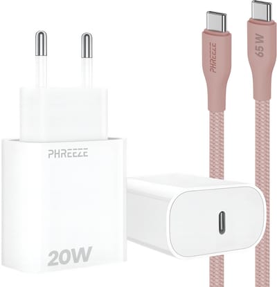 Power Delivery oplader met 20w usb C poort - Usb C kabel 1m roze - Usb C naar usb C