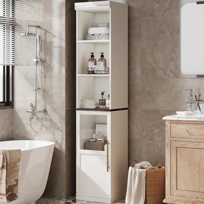 Hoge Badkamerkast Wit - Smalle Opbergkast met Glazen Deur - 178 x 40 x 35 cm - Ruimtebesparende Kolomkast voor Badkamer, Keuken & Woonkamer