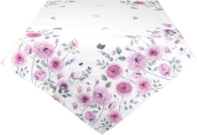 Clayre & Eef Tafelkleed 150x150 cm Wit Paars Katoen Rozen Tafellaken