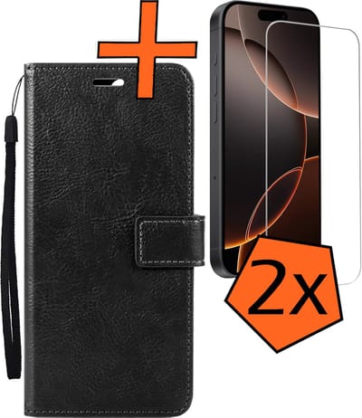 Hoes - Met 2x Screenprotector - Geschikt voor Apple iPhone 16 Pro - Luxe Pasjeshouder - Bookcase Portemonee - Flip Case - Kunstleer Book Case - Flipcase Hoes - Book Cover - Walletcase - PortemonneeHoes - Zwart