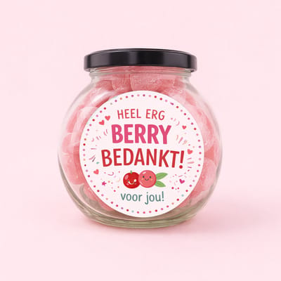 Cranberry Zuurtjes 300g in Glazen Snoeppot – “Heel Erg Berry Bedankt” – Cadeaupot met Snoep – Bedankje voor Collega, Juf of Relatie - Streeck