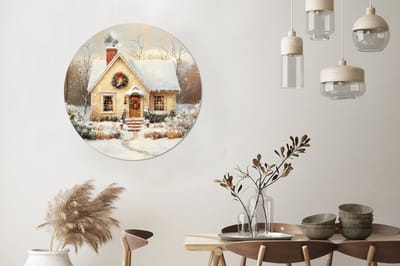 WallCircle - Wandcirkel - Muurcirkel - Kerst - Huis - Winter - Sneeuw - Aluminium - Dibond - 90x90 cm - Binnen en Buiten
