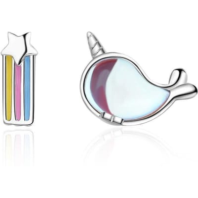 Eenvoudige 925 Sterling Zilver Asymmetrische Regenboog Eenhoorn Stud Oorbellen Voor Vrouwen Feest Bruiloft Sieraden Vrouwelijke Oorbellen Eh1395 white