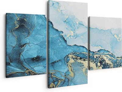 Artaza Canvas Schilderij Drieluik Abstracte Kunst van Blauwe Marmer met Goud - 150x120 - Groot - Foto Op Canvas - Canvas Print