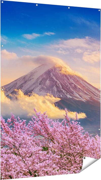 Gards Tuinposter Fuji Berg met Roze Bloesembomen - Bloemen - 120x180 cm - Tuindoek - Tuindecoratie - Wanddecoratie buiten - Tuinschilderij