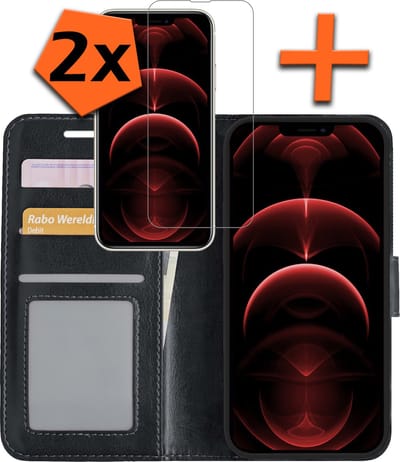 Hoes - Met 2x Screenprotector - Geschikt voor Apple iPhone 14 Plus - Luxe Pasjeshouder - Bookcase Portemonee - Flip Case - Kunstleer Book Case - Flipcase Hoes - Book Cover - Walletcase - PortemonneeHoes - Zwart