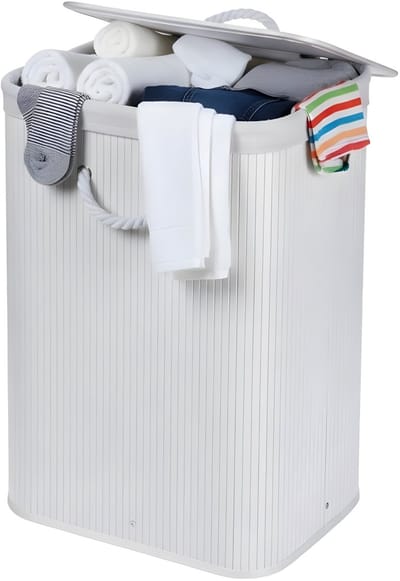 Lomera Opvouwbare Wasmand - Bamboe Wasmand - Witte Wasmand - Wasmand Met Deksel - Lichtgewicht Wasmand - Ruimtebesparende Wasmand - Wasmand Met Handvatten - Wasmand Met Polyester Zak - Flexibele Wasmand - Wasmand