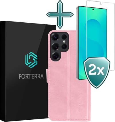 Hoesje Met 2x Screenprotector - Geschikt voor Samsung Galaxy S25 Ultra - Luxe Pasjeshouder - Flip Case - Bookcase Portemonee - Kunstleer Book Case - Flipcase Hoes - Book Cover - Walletcase - Portemonneehoes - Lichtroze