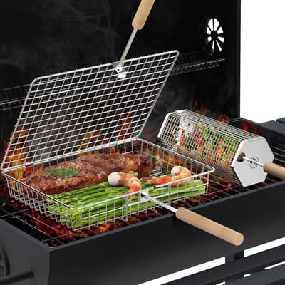 Famanu Grillmanden, afneembaar houten handvat, 304 roestvrij staal, rollend grillnet, barbecue-accessoires gereedschap voor groenten garnalen, buiten koken kamperen, geschenken voor mannen, vader,