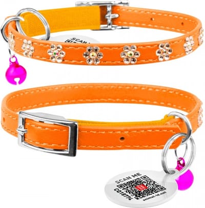 WAUDOG Glamour Flower Kattenhalsband - Echt Leder - Oranje - Gratis QR-tag - XXS - Breedte: 9 mm - Nekomtrek: 22 - 30 cm (GELIEVE ALVORENS BESTELLEN OPMETEN)