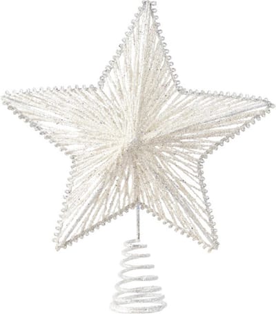 Decoris Kerst piek - ster vorm - wit - glitters - 25 cm - metaal - kerstboompiek - kerstversiering