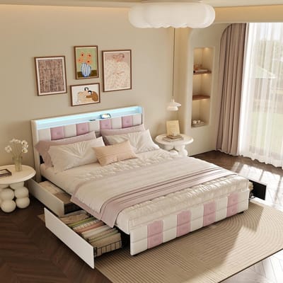 Tweepersoonsbed 140x200 cm met Opbergruimte, Lattenbodem en Ingebouwde USB-Poorten