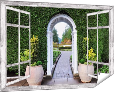 Gards Tuinposter Doorkijk Doorkijk met Potten - 150x100 cm - Tuindoek - Tuindecoratie - Wanddecoratie buiten - Tuinschilderij