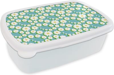 Broodtrommel Wit - Lunchbox - Brooddoos - Bloemen - Patroon - Madelief - 18x12x6 cm - Volwassenen