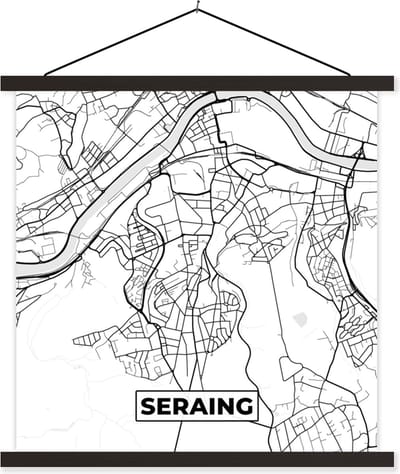Posterhanger incl. Poster 60x60 cm - Schoolplaat - België – Seraing – Stadskaart – Kaart – Zwart Wit – Plattegrond - Textielposter - Zwarte latten - Stadskaart