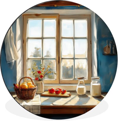 WallCircle - Wandcirkel - Muurcirkel - Stilleven - Keuken - Doorkijk - Vintage - Aluminium - Dibond - 90x90 cm - Binnen en Buiten