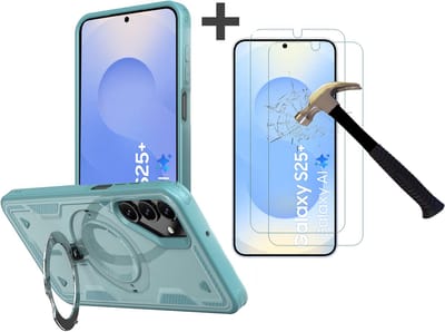 Hoesje Geschikt voor Samsung Galaxy S25 Plus met 2 Stuks gehard glas Screenprotectors - Armor hoes met Ringhouder - Arara backcover - Lake Blauw