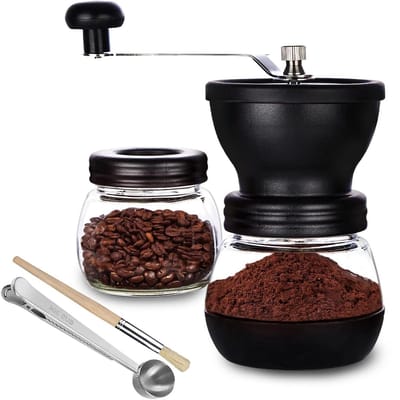 Ynkkvre -Handmatige Koffiemolen Set van 2 – Keramisch Maalwerk – Instelbare Maalgraad – Met Glazen Opbergcontainers – RVS Handgreep – Geschikt voor Espresso, Filterkoffie en French Press