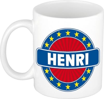 Bellatio Decorations - Henri voornaam - koffiemok - beker - wit/blauw - 300 ml - Cadeau - Heren - Collega - Vaderdag - Verjaardag