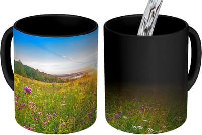 Magische Mok - Foto op Warmte Mokken - Koffiemok - Zon - Gras - Bloemen - Magic Mok - Beker - 350 ML - Theemok