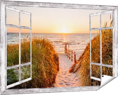 Gards Tuinposter Doorkijk Voetpad in de Duinen met Zonsondergang - 150x100 cm - Tuindoek - Tuindecoratie - Wanddecoratie buiten - Tuinschilderij