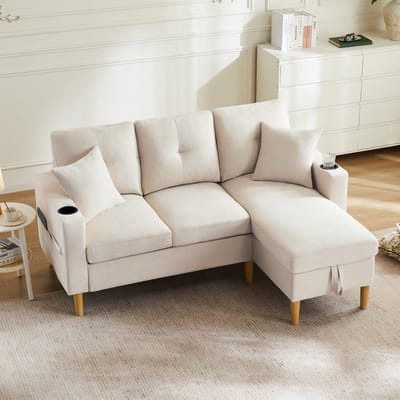 Welltin Hoekbank - sofo - Hoekbanken - L-vormige bank - 3-zitsbank - chaise longue - opbergruimte - geïntegreerde bekerhouder - inclusief 2 kussens - geschikt voor woonkamer, kantoor, appartement - Beige