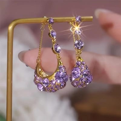 Boucles d'oreilles Longues à Franges Goutte d'Eau Cristal Violet Design Femme Accessoires Scintillants Bal Bijoux Cadeaux Anniversaire gray