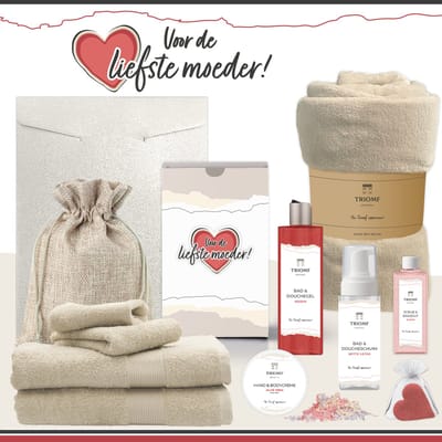 Geschenkset “Voor de liefste moeder!” - 11 producten - 1660 gram | Triomf Original - Giftset voor haar Cadeau Moederdag Luxe Wellness Pakket Vrouw Speciaal Cadeaupakket Geschenk Lieve Mama Verjaardag Kerst Kerstpakket Gift Set Mama Crème Rood Roze