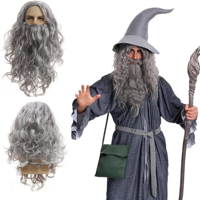 Langharige Grijze Cosplay Peruc en Baard voor Mannen, Fantasie Kostuum voor Halloween en Carnaval, Perfect voor Tovernaar en Wizard Themafeest
