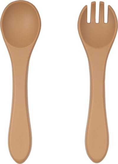 Jikkies Siliconen Kinderbestek Set - Peuter Bestek - Lepel & Vork - Taupe - Veilig - Getest op EN-norm - Duurzaam - Kindvriendelijk - 100% Siliconen - Vaatwasserbestendig - Magnetronbestendig - Oefenbestek - Ergonomisch bestek