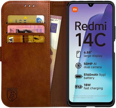 Rosso Element Geschikt voor Xiaomi Redmi 14C | Wallet Book Case | Portemonnee Hoesje | 3 Pasjes | Magneetsluiting | Stand Functie | Bruin