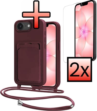 Hoes Geschikt voor iPhone 17e Met Telefoonkoord Met 2x Screenprotector - Siliconen Hoesje Backcover Met Ketting - Aubergine