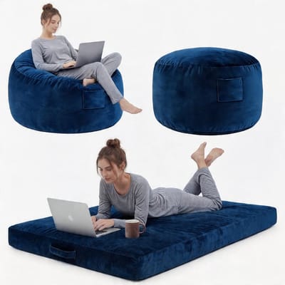 Fluweel Zitzak 2-in-1 - Beanbag Bed en Lounger - Fluweel Zacht - Afneembare Wasbare Hoes - Gamer Vloerbank voor Woonkamer, Slaapkamer - Blauw