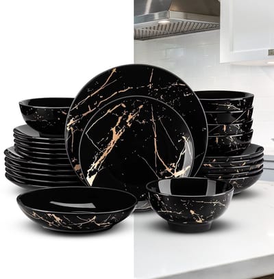 Luxe Serviesset – 24 delig – 6 persoons – Porselein - Bordenset – Dinner platen – Dessertborden - Pastabord - Kommen - Zwart