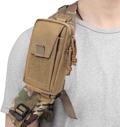 Telefoonhouder op rugzakriem - Verstelbare telefoonriem. - Tactische nylon smartphoneholster - Geschikt voor wandelen, kamperen, reizen en jachtuitrusting - Te gebruiken met rugzakaccessoires - Khaki