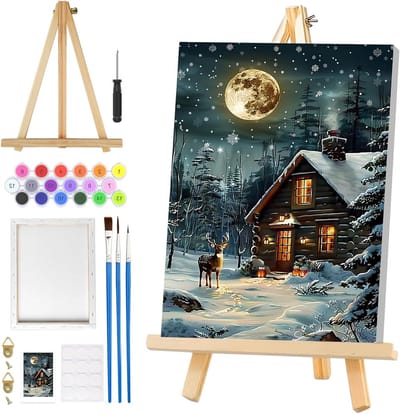 Kerst Winter Schilderen op Nummer voor Kinderen en Volwassenen met Lijst, Creatieve DIY Kunst Kits voor Decoratie, 20 x 30cm, Inclusief Herten en Ezel Motieven