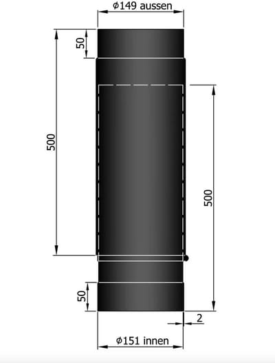 Kachelpijp Ø150 schuifbuis - 2 delen - 590 - 910mm - staal - 2mm
