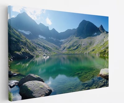 Saammp Canvas Schilderij - Blauw water tussen de bergen - Natuur - Landschap - 45x30 - Foto op canvas - Wanddecoratie - Muurdecoratie Woonkamer - Slaapkamer decoratie - Canvas Print