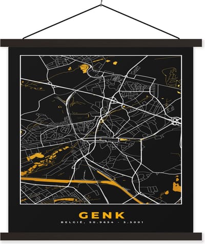 Posterhanger incl. Poster 60x60 cm - Schoolplaat - Stadskaart - Kaart - Genk - Plattegrond - Goud - Textielposter - Zwarte latten - Stadskaart