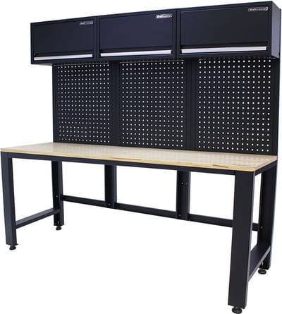 Kraftmeister werkbank 204 cm - Werktafel met gereedschapswand, 3 opbergkasten en eiken werkblad - Zwart